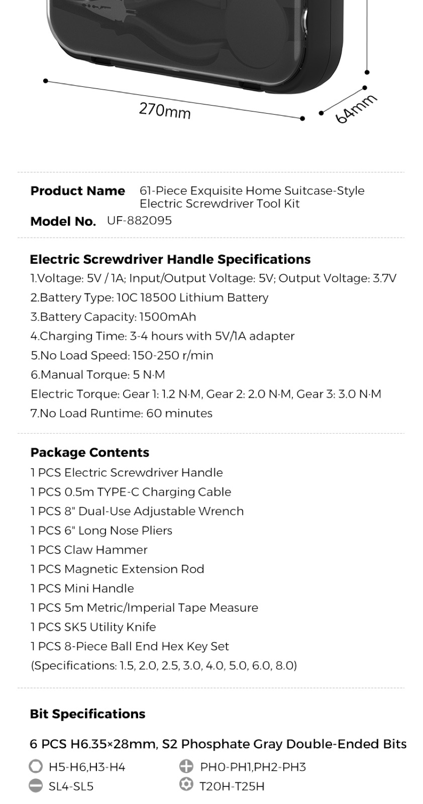 61-Piece Suitcase-Style Electric Screwdriver Tool Kit detail 15